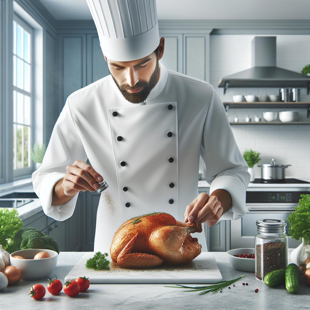 Realistic stock image of chef preparing roast chicken